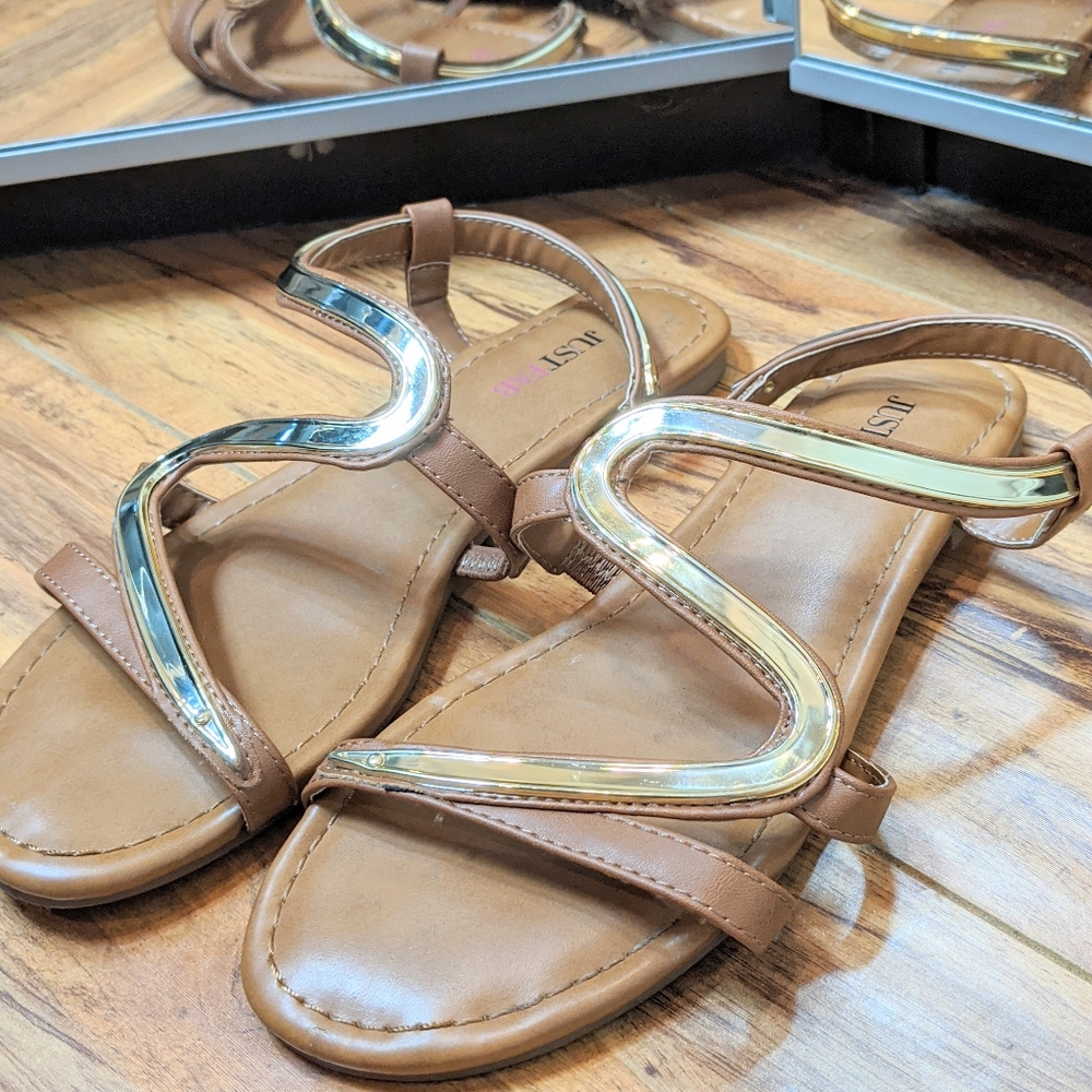 JustFab Tan Gold Trim Flat Sandles